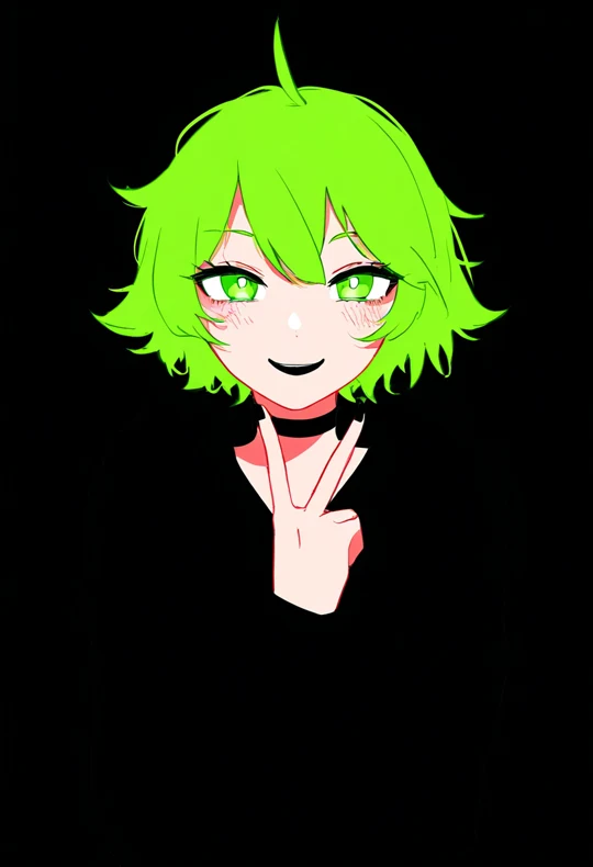 Base model render with LoRA strength 0.0 — generic green-haired anime girl in a black hoodie doing a peace sign